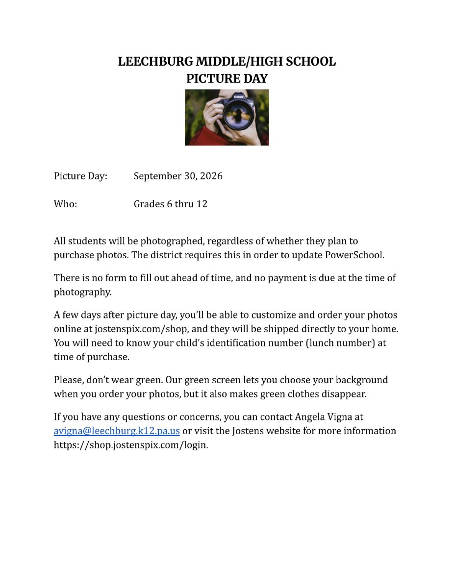 Middle-High School Picture Day - 9/30